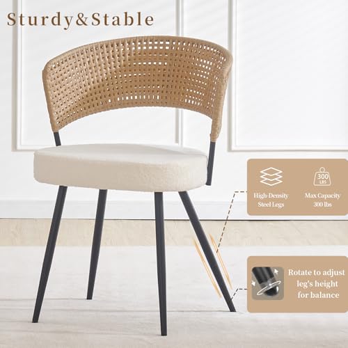 Sherpa Upholstered Cane Back Dining Chair with Metal Wood-Look Legs