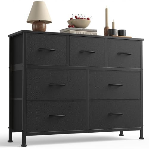 7-Drawer Fabric Dresser Storage Tower with Steel Frame and Wood Top
