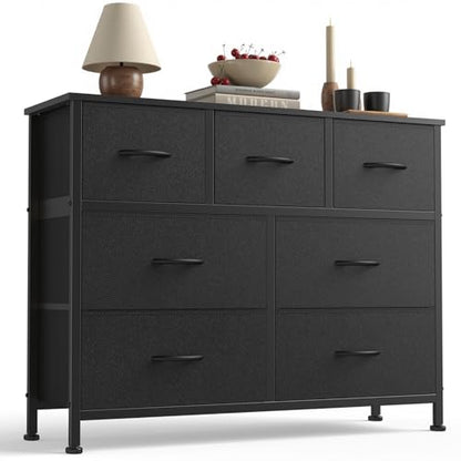 7-Drawer Fabric Dresser Storage Tower with Steel Frame and Wood Top