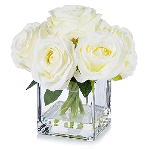 Artificial Silk Rose Floral Arrangement with Glass Vase Faux Water Home Decor