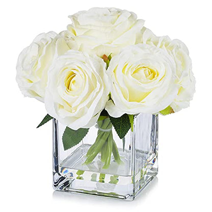 Artificial Silk Rose Floral Arrangement with Glass Vase Faux Water Home Decor