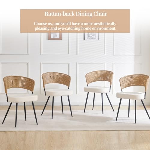 Sherpa Upholstered Cane Back Dining Chair with Metal Wood-Look Legs
