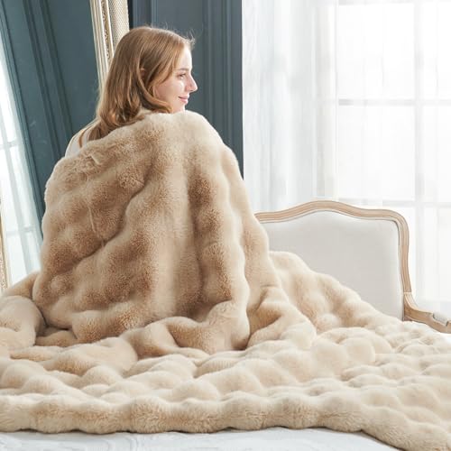 Faux Fur Throw Blanket Soft Plush Bubble Blanket for Couch Sofa Bedroom Living Room