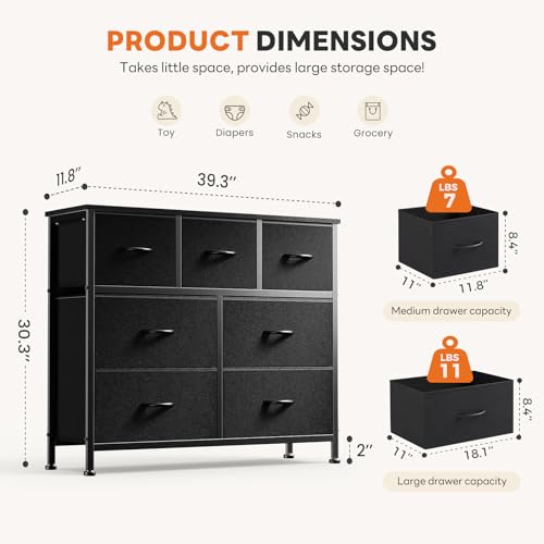 7-Drawer Fabric Dresser Storage Tower with Steel Frame and Wood Top