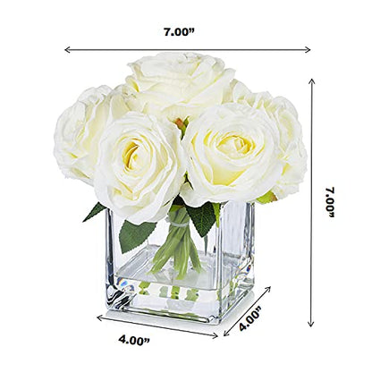 Artificial Silk Rose Floral Arrangement with Glass Vase Faux Water Home Decor
