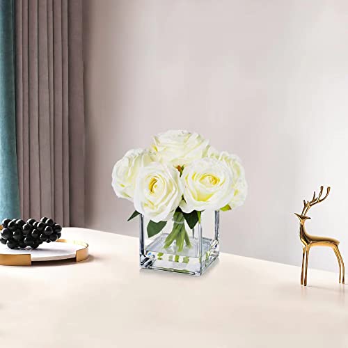 Artificial Silk Rose Floral Arrangement with Glass Vase Faux Water Home Decor