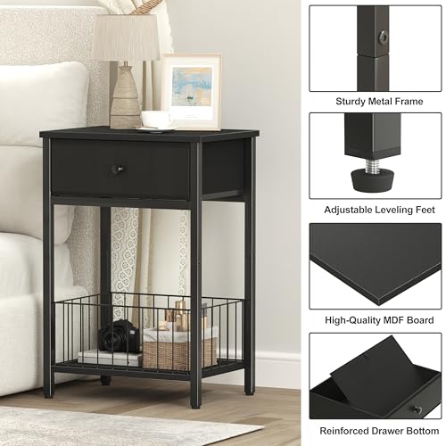 Industrial Nightstand with Drawer and 3-Tier Storage End Table