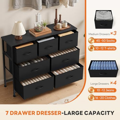 7-Drawer Fabric Dresser Storage Tower with Steel Frame and Wood Top