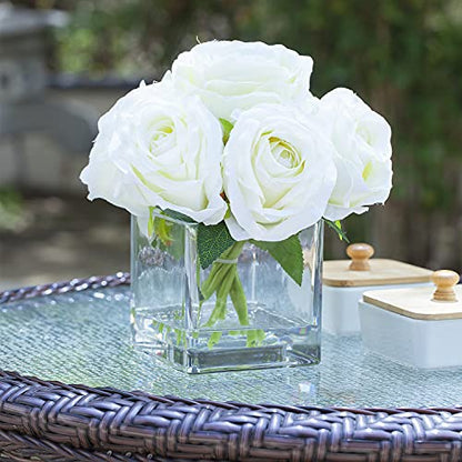 Artificial Silk Rose Floral Arrangement with Glass Vase Faux Water Home Decor