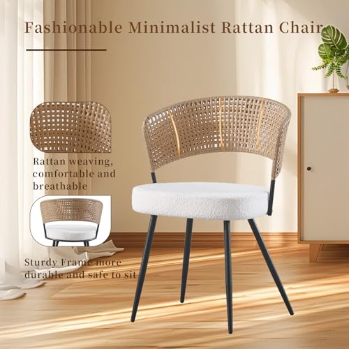 Sherpa Upholstered Cane Back Dining Chair with Metal Wood-Look Legs