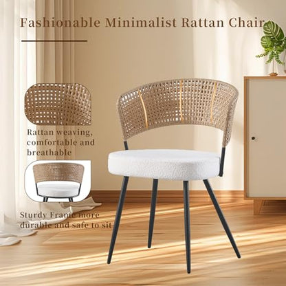 Sherpa Upholstered Cane Back Dining Chair with Metal Wood-Look Legs