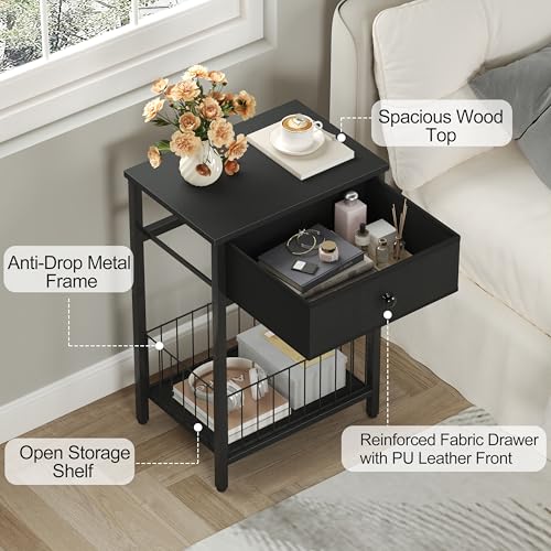 Industrial Nightstand with Drawer and 3-Tier Storage End Table