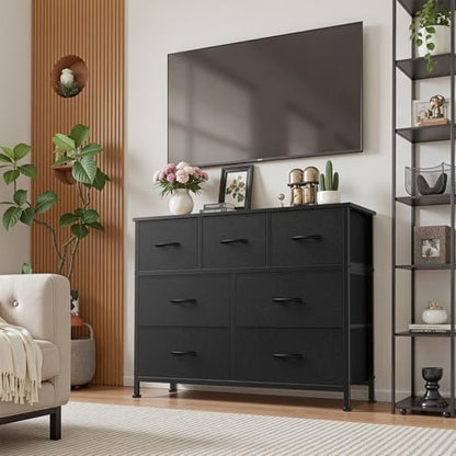 7-Drawer Fabric Dresser Storage Tower with Steel Frame and Wood Top