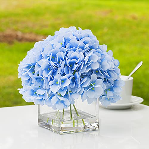 Silk Hydrangea Floral Arrangement in Cube Glass Vase with Faux Water Home Decor