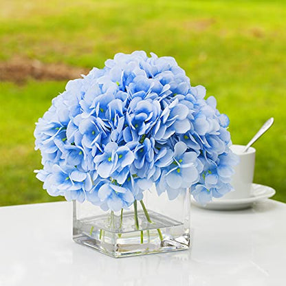 Silk Hydrangea Floral Arrangement in Cube Glass Vase with Faux Water Home Decor