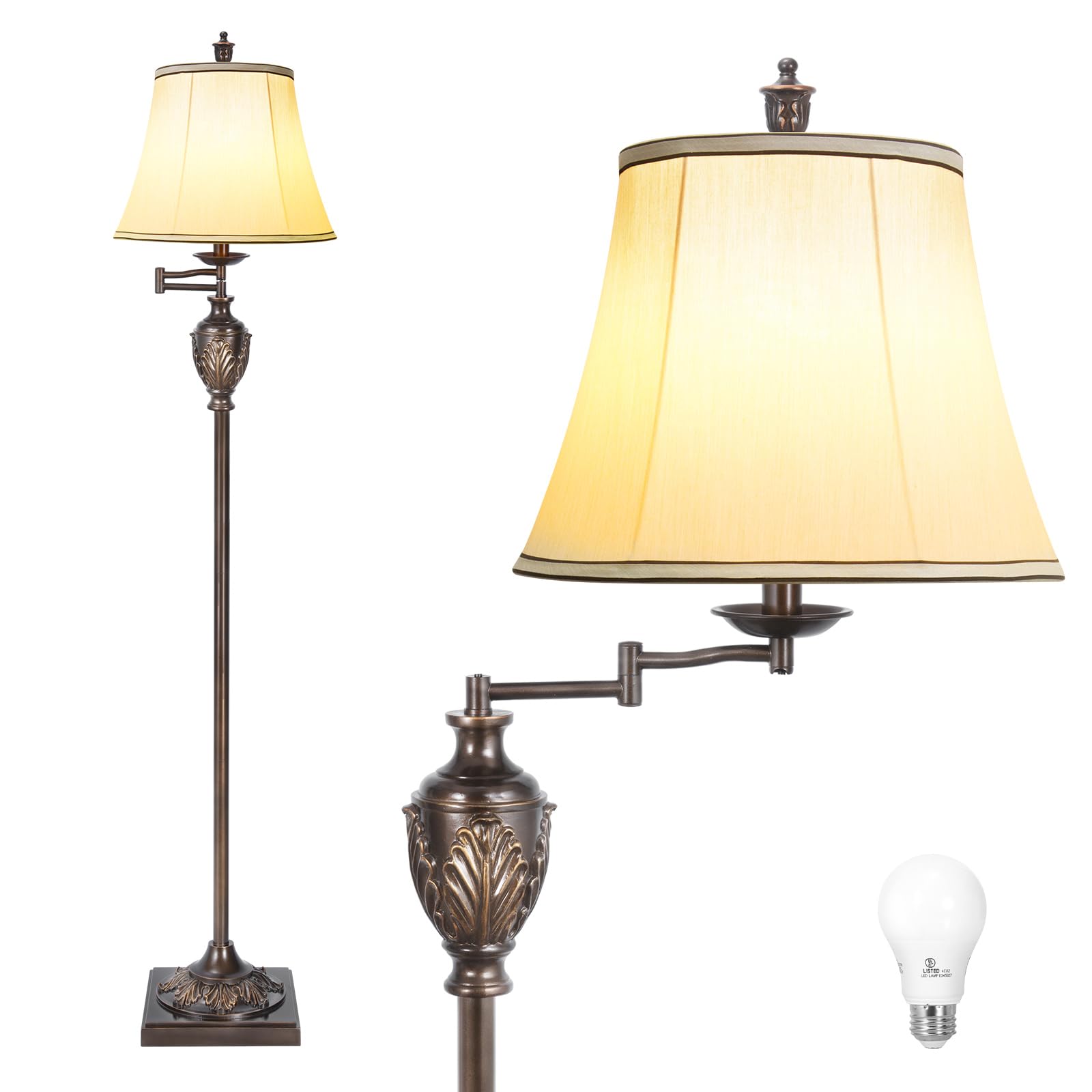 Vintage LED Floor Lamp with Adjustable Swing Arm Faux Silk Shade Rustic Standing Light for Living Room Bedroom Office