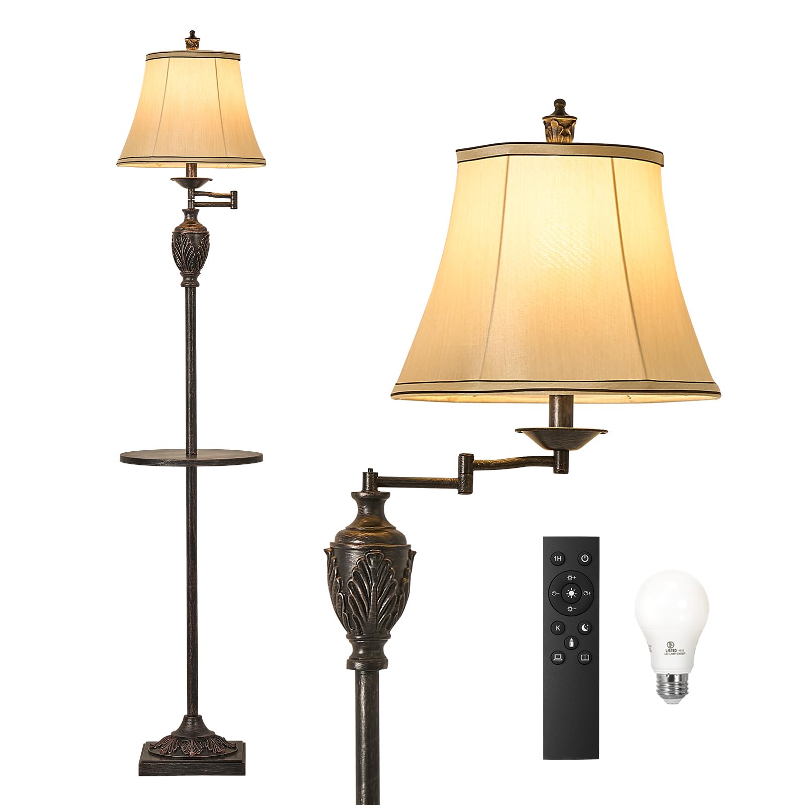 Vintage LED Floor Lamp with Adjustable Swing Arm Faux Silk Shade Rustic Standing Light for Living Room Bedroom Office