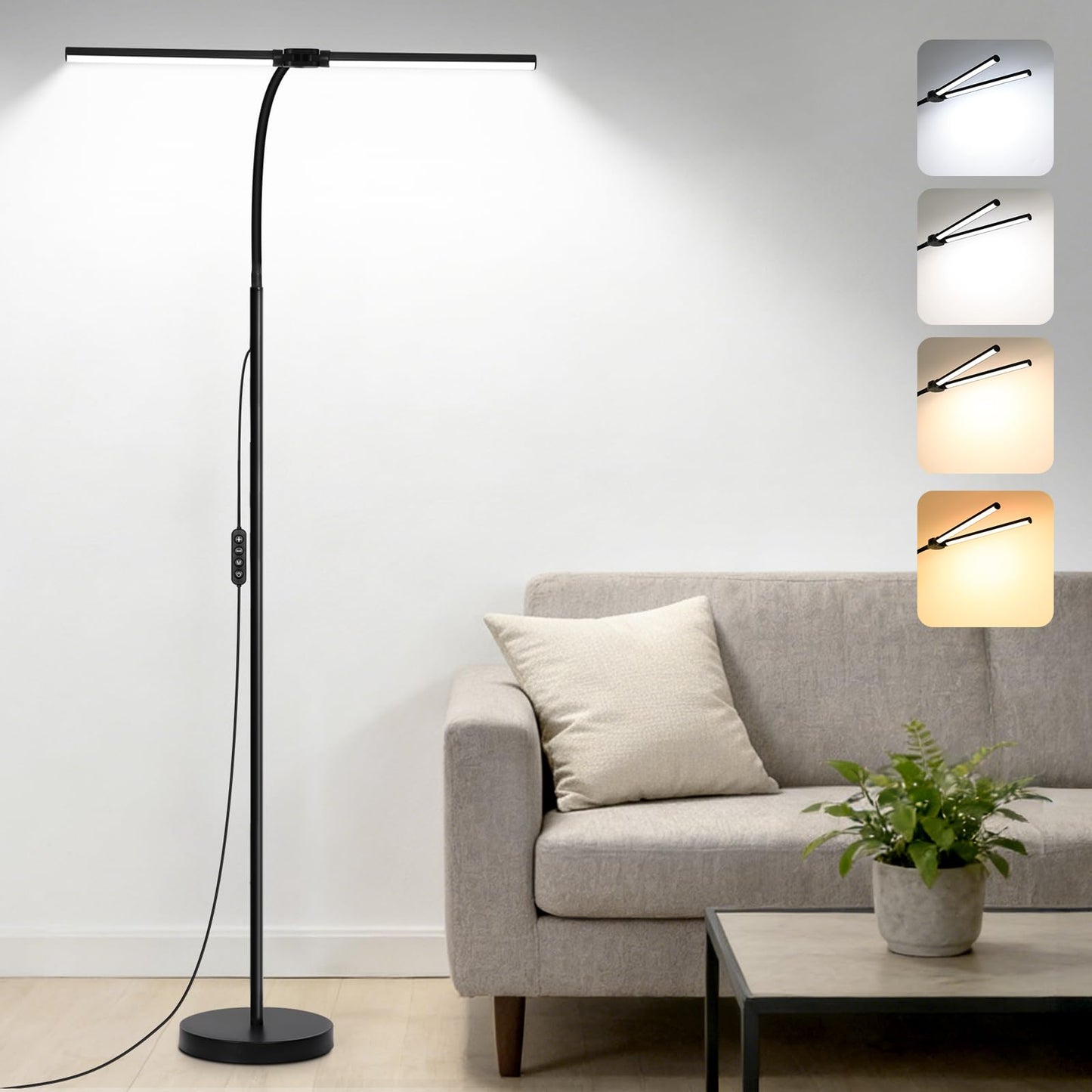 Adjustable Dual Head LED Floor Lamp Dimmable Bright Task Standing Light for Reading Office Living Room Bedroom