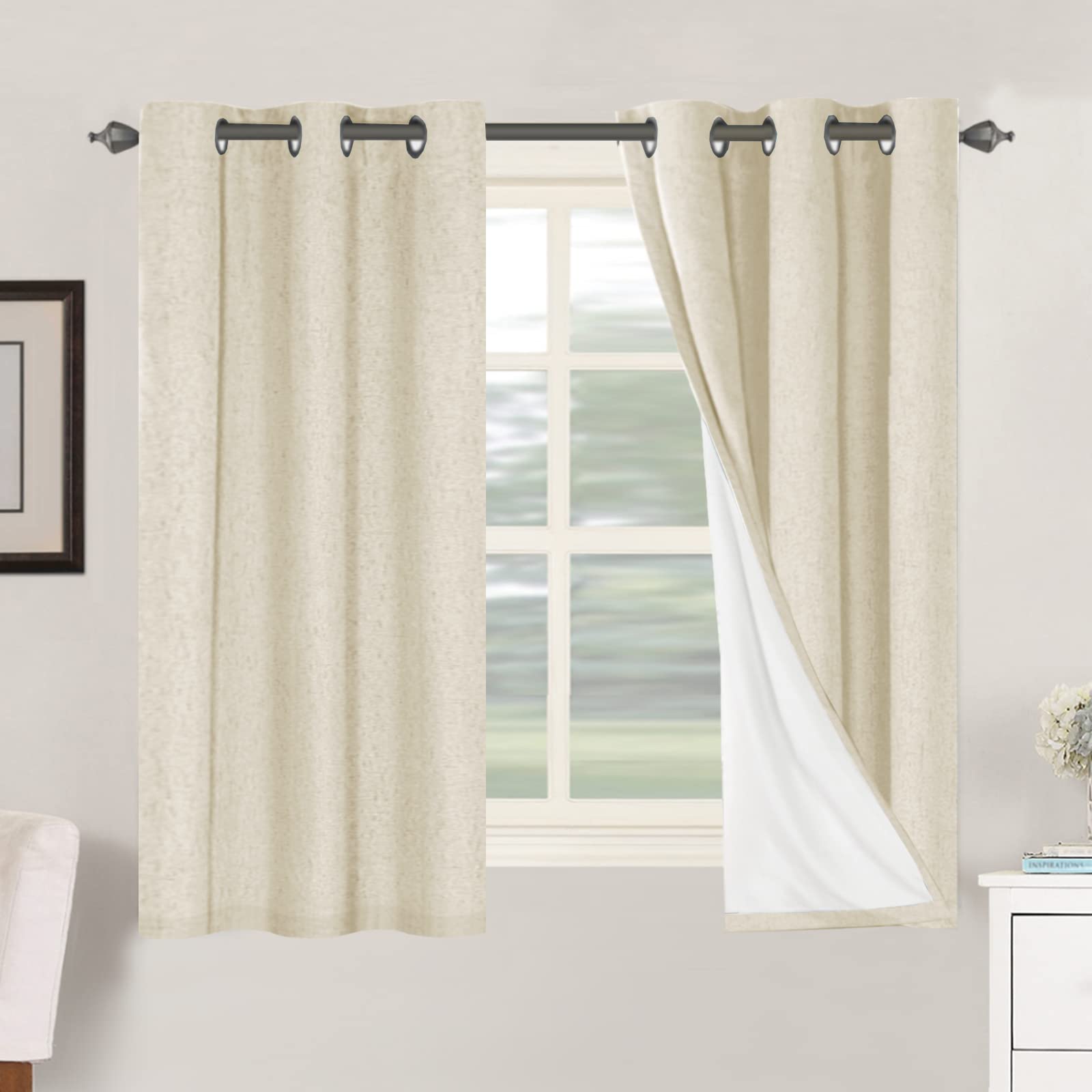 Linen Blackout Curtains Thick Textured Thermal Insulated Extra Wide Grommet Patio Door Drapes