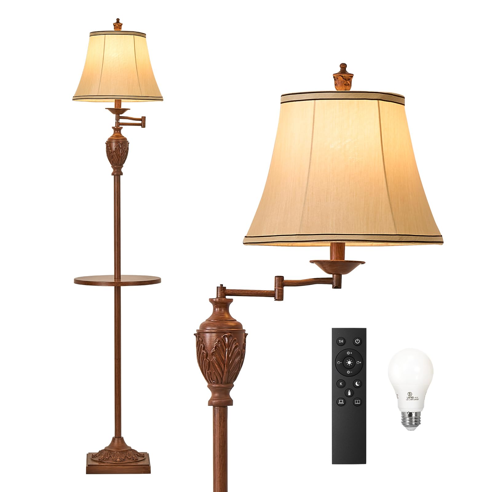 Vintage LED Floor Lamp with Adjustable Swing Arm Faux Silk Shade Rustic Standing Light for Living Room Bedroom Office