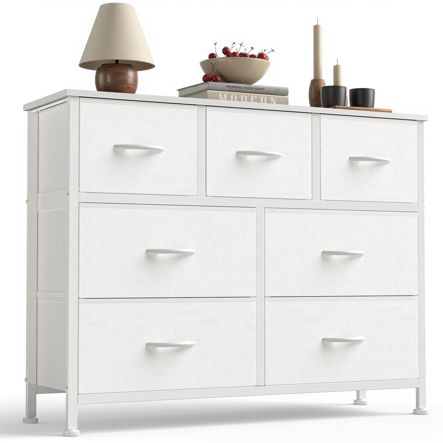 7-Drawer Fabric Dresser Storage Tower with Steel Frame and Wood Top