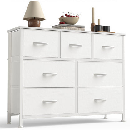 7-Drawer Fabric Dresser Storage Tower with Steel Frame and Wood Top