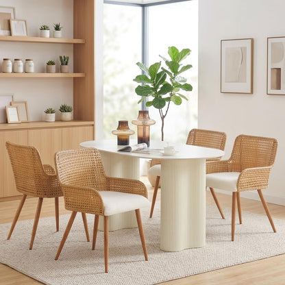 Sherpa Upholstered Cane Back Dining Chair with Metal Wood-Look Legs
