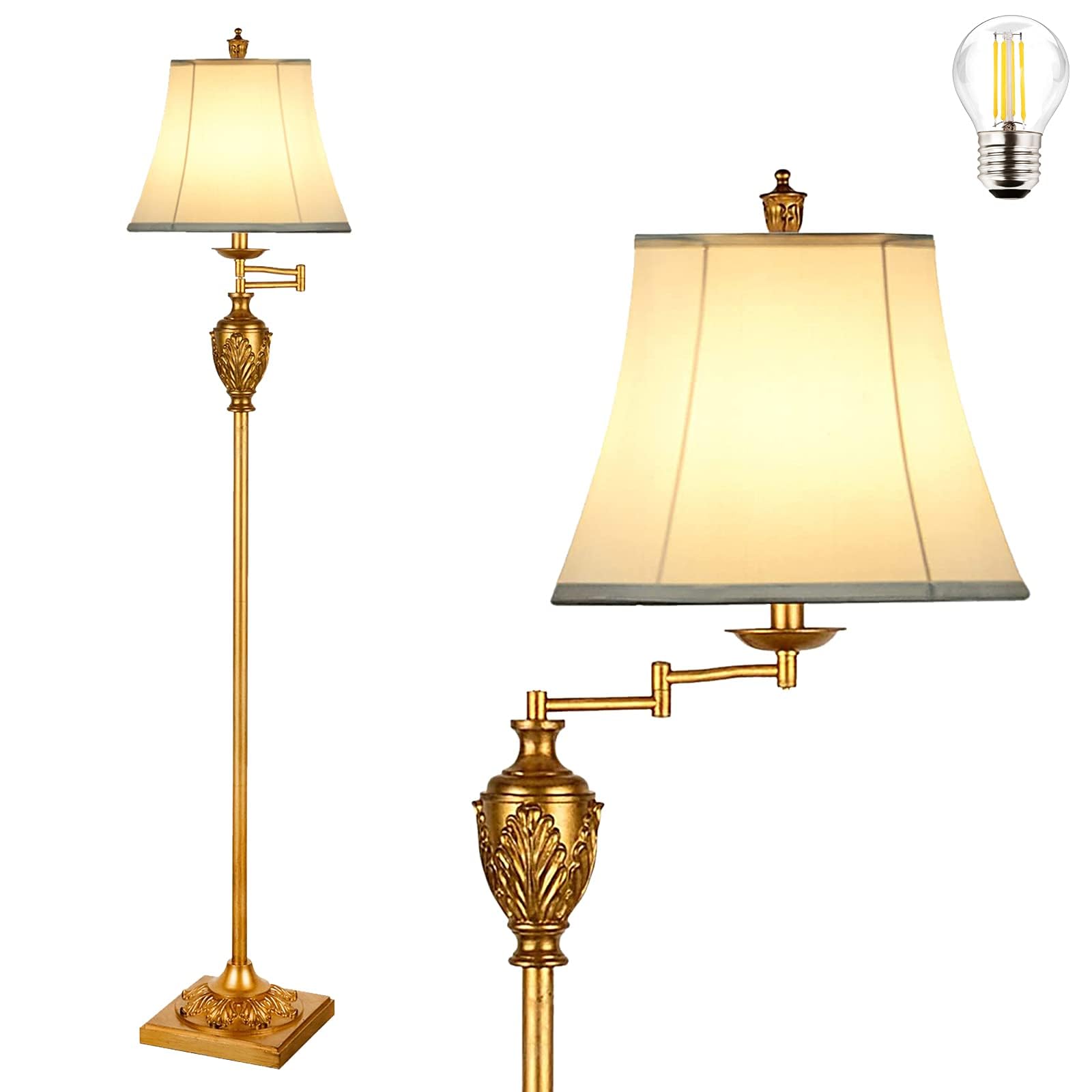 Vintage LED Floor Lamp with Adjustable Swing Arm Faux Silk Shade Rustic Standing Light for Living Room Bedroom Office