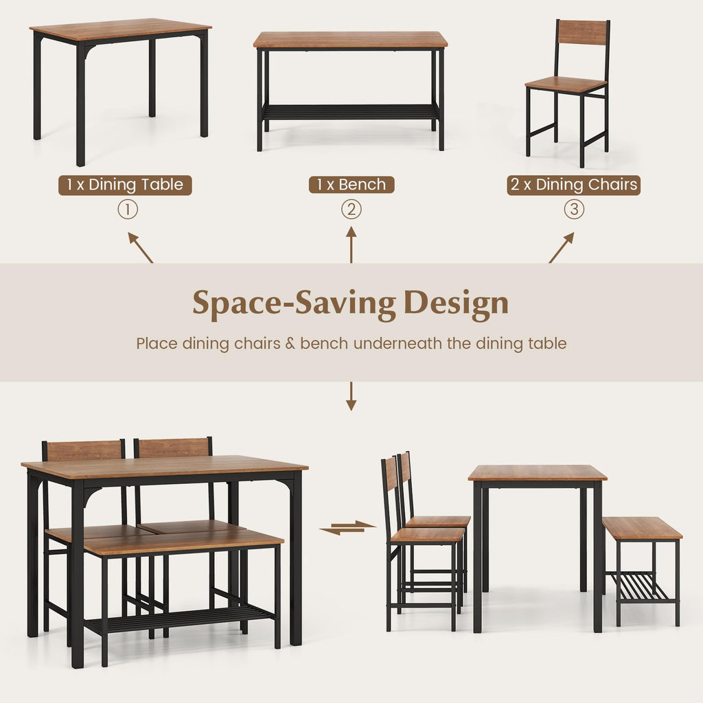 Dining Table Set for 4 with Bench, Chairs and Storage Rack Industrial Space Saving Design