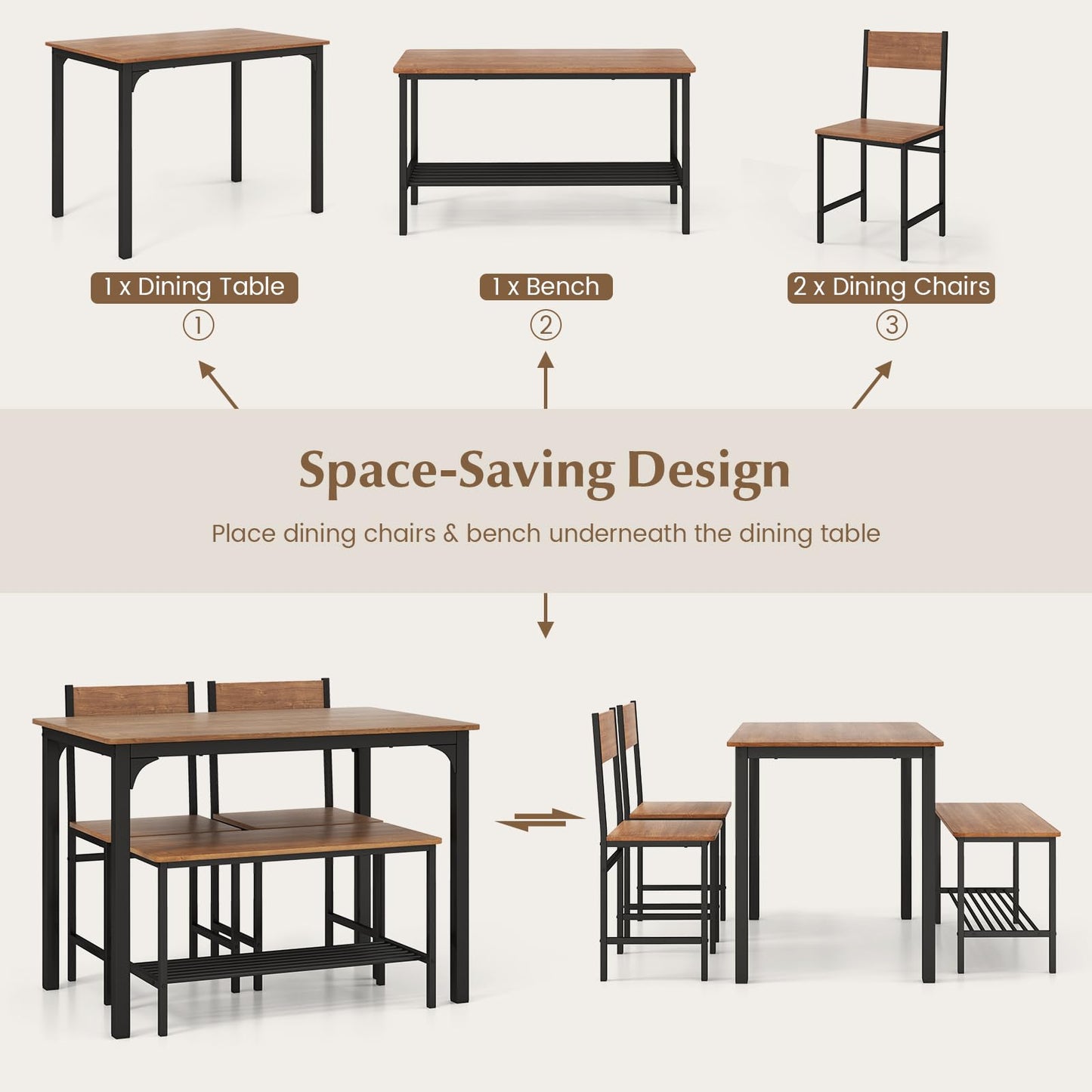 Dining Table Set for 4 with Bench, Chairs and Storage Rack Industrial Space Saving Design