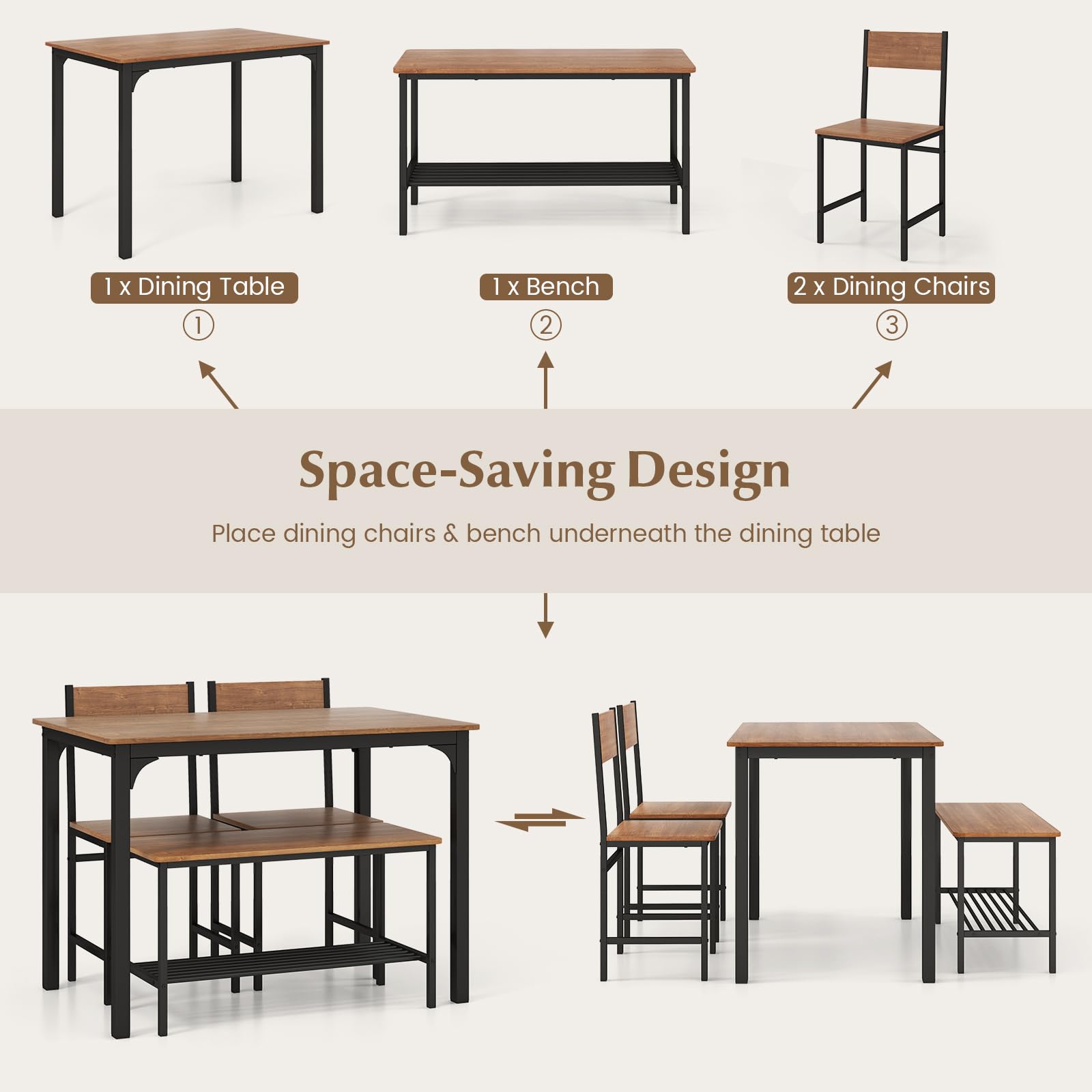 Dining Table Set for 4 with Bench, Chairs and Storage Rack Industrial Space Saving Design