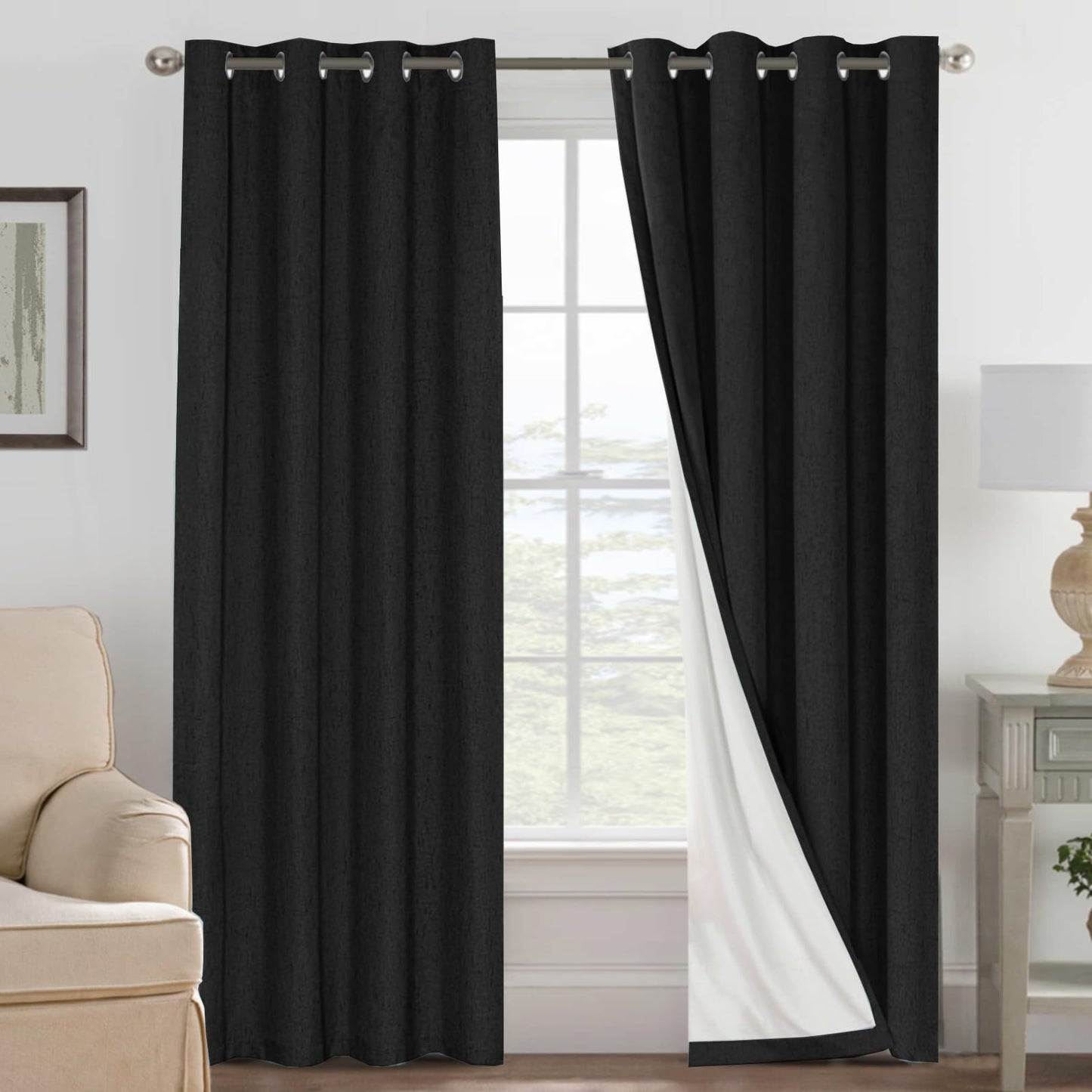 Linen Blackout Curtains Thick Textured Thermal Insulated Extra Wide Grommet Patio Door Drapes