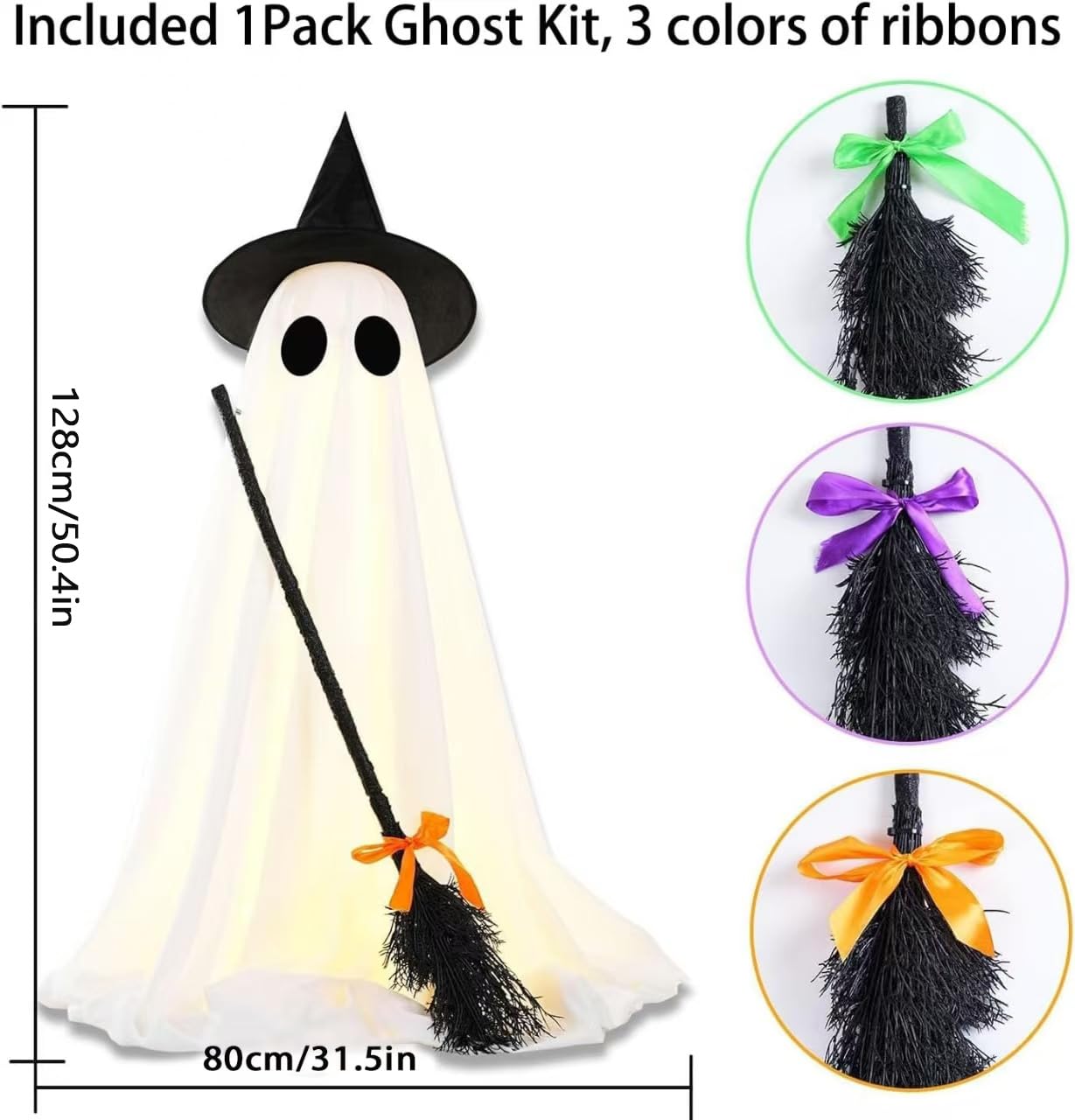Halloween Ghost Decoration with LED Lights and Witch Broom Indoor Outdoor Porch Yard Garden Decor