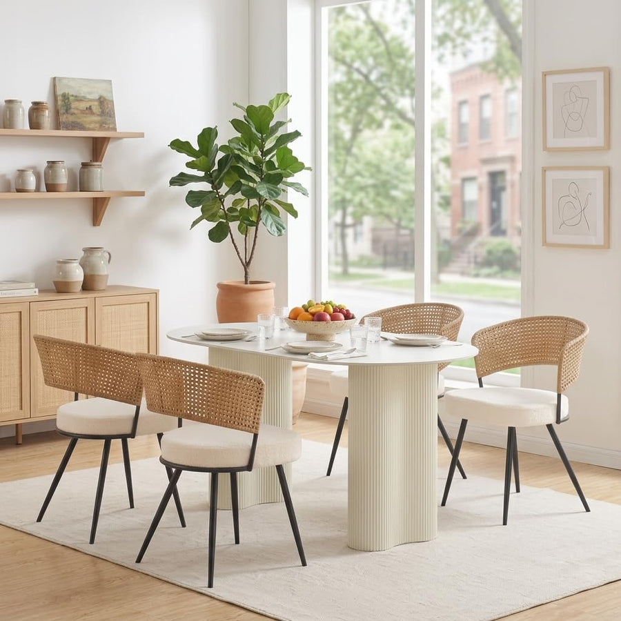 Sherpa Upholstered Cane Back Dining Chair with Metal Wood-Look Legs