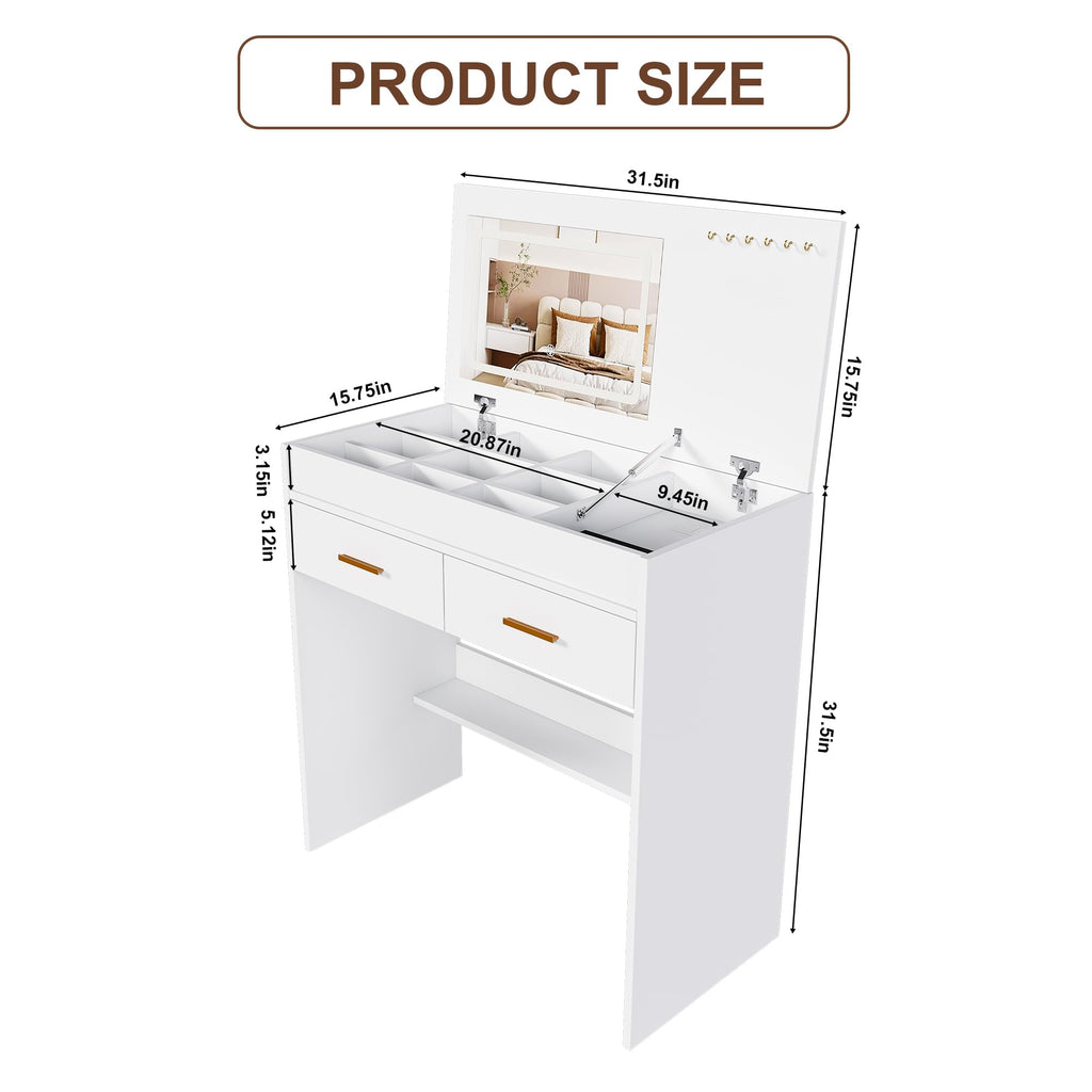 Flip Top Vanity Desk with LED Mirror, Power Outlet, Drawers and Storage Makeup Table