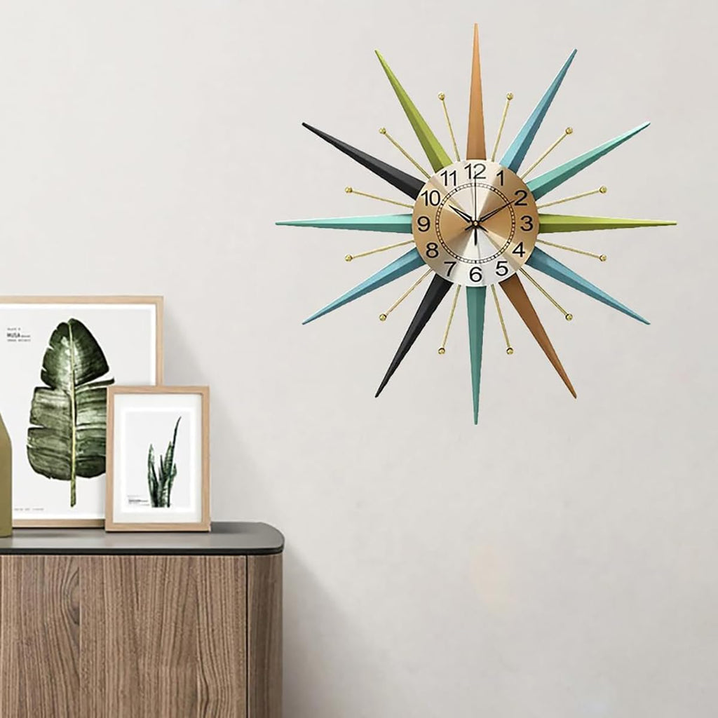 Mid-Century Star Shaped Metal Crystal Wall Clock Silent Decorative Wall Clock for Living Room Bedroom Dining Room Office Porch