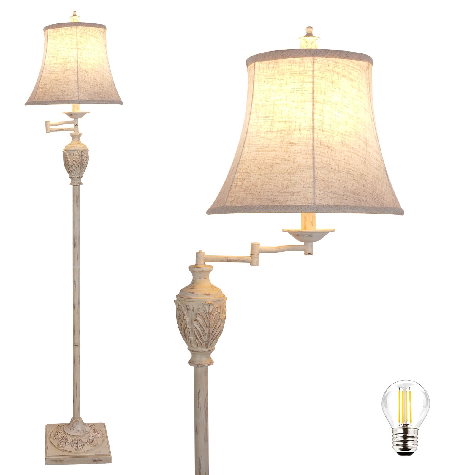 Vintage LED Floor Lamp with Adjustable Swing Arm Faux Silk Shade Rustic Standing Light for Living Room Bedroom Office
