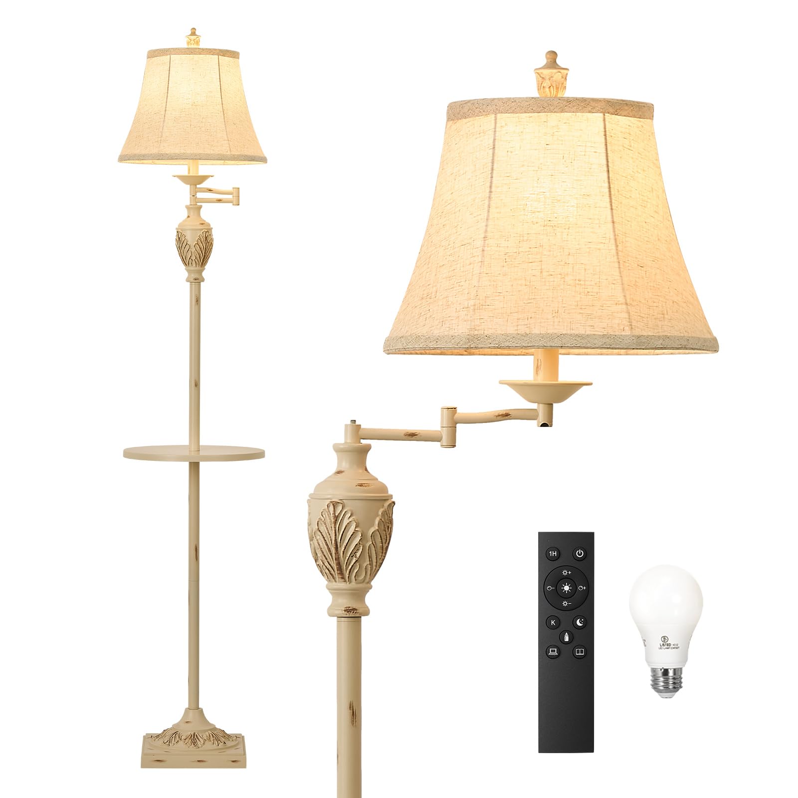 Vintage LED Floor Lamp with Adjustable Swing Arm Faux Silk Shade Rustic Standing Light for Living Room Bedroom Office