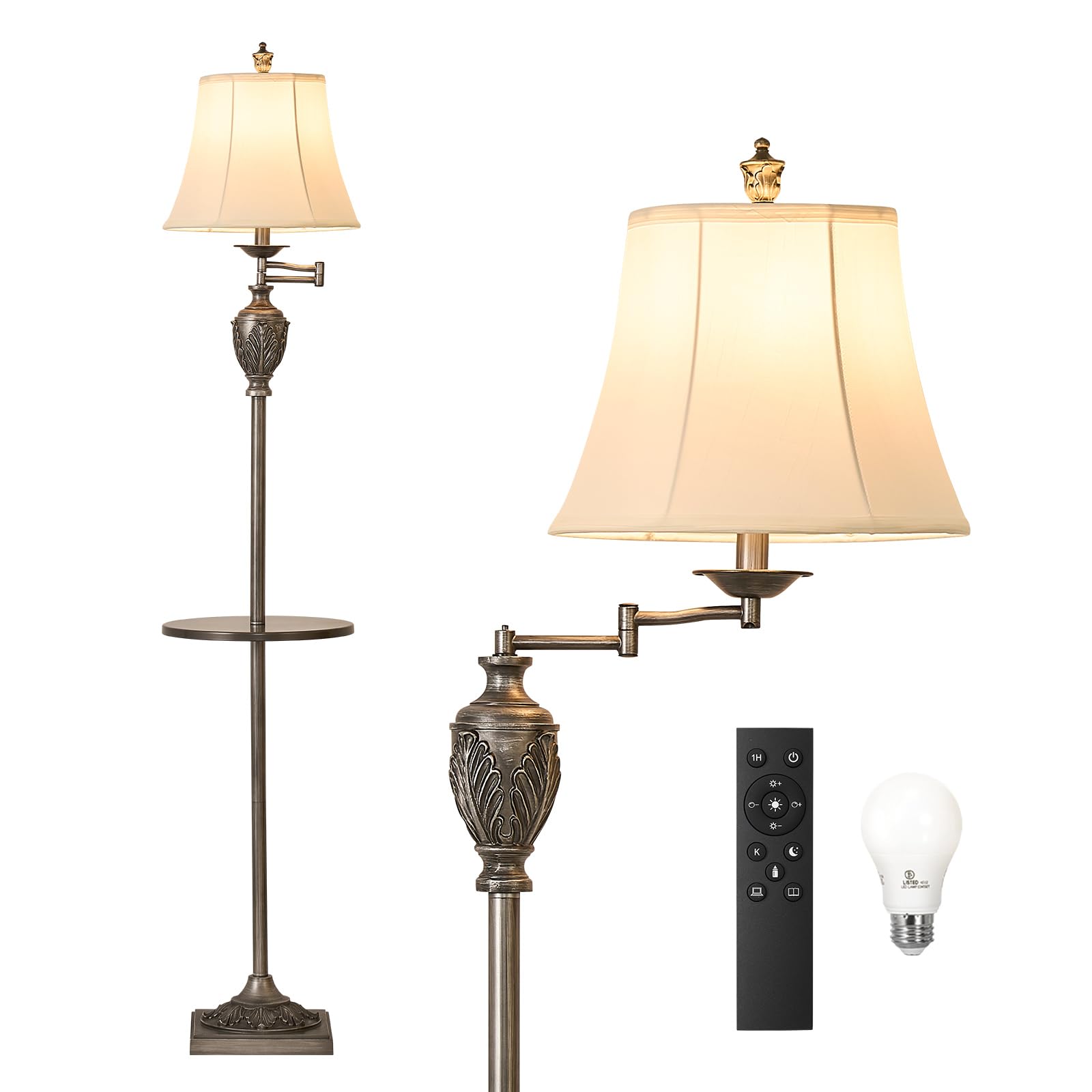 Vintage LED Floor Lamp with Adjustable Swing Arm Faux Silk Shade Rustic Standing Light for Living Room Bedroom Office