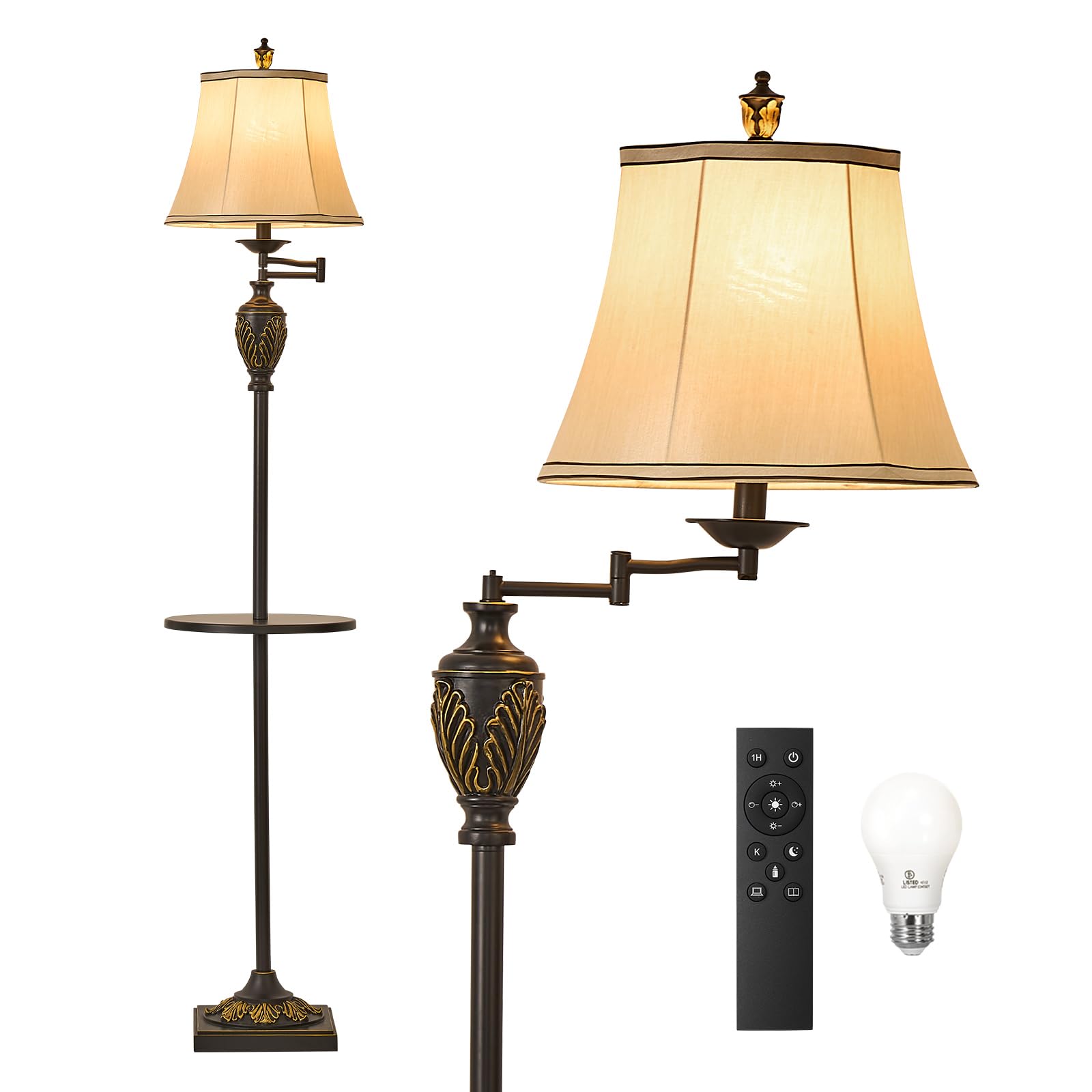 Vintage LED Floor Lamp with Adjustable Swing Arm Faux Silk Shade Rustic Standing Light for Living Room Bedroom Office