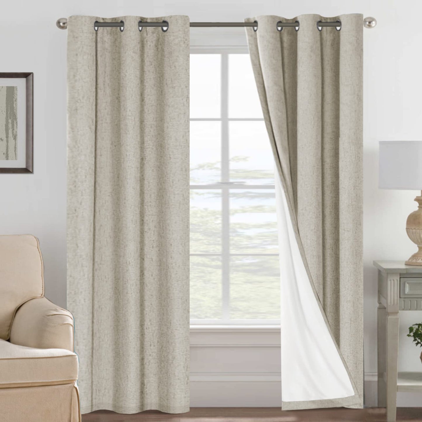 Linen Blackout Curtains Thick Textured Thermal Insulated Extra Wide Grommet Patio Door Drapes