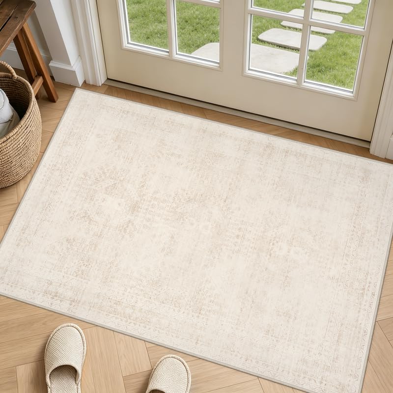 8x10 Vintage Boho Neutral Washable Area Rug Non-Slip Low Pile