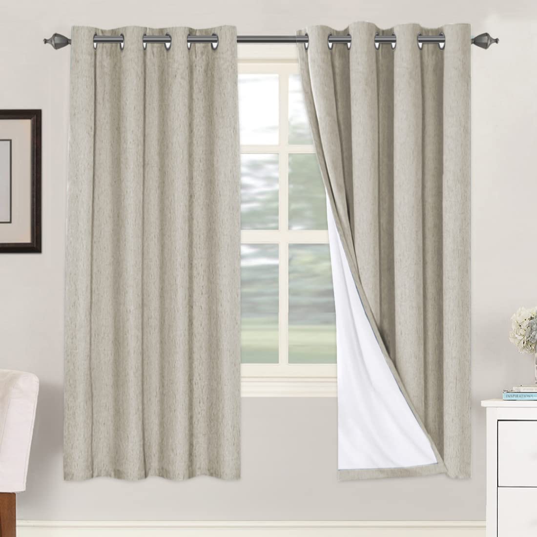 Linen Blackout Curtains Thick Textured Thermal Insulated Extra Wide Grommet Patio Door Drapes