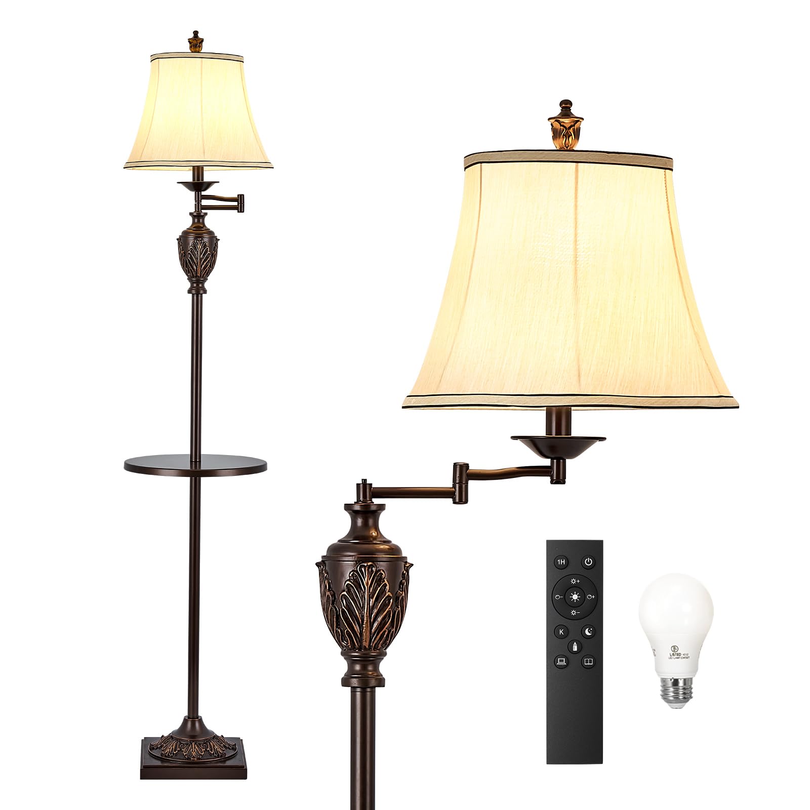 Vintage LED Floor Lamp with Adjustable Swing Arm Faux Silk Shade Rustic Standing Light for Living Room Bedroom Office