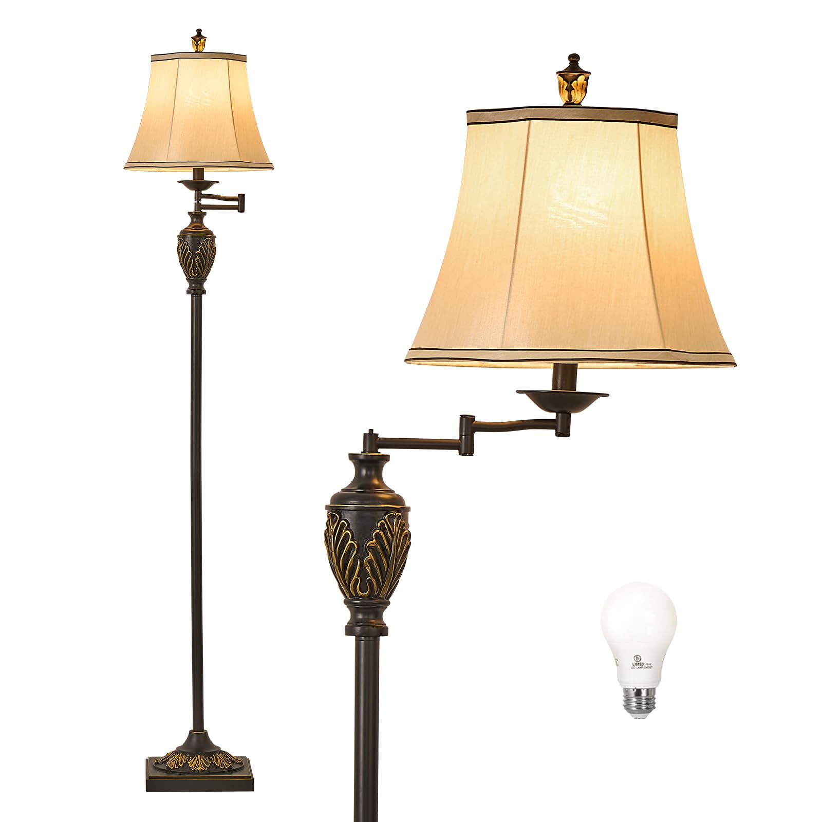 Vintage LED Floor Lamp with Adjustable Swing Arm Faux Silk Shade Rustic Standing Light for Living Room Bedroom Office