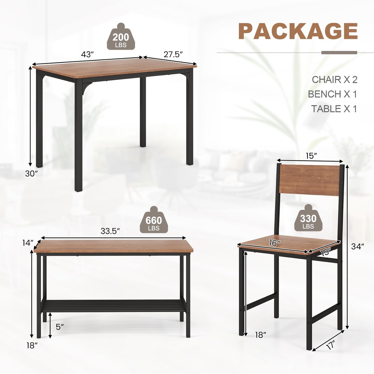 Dining Table Set for 4 with Bench, Chairs and Storage Rack Industrial Space Saving Design