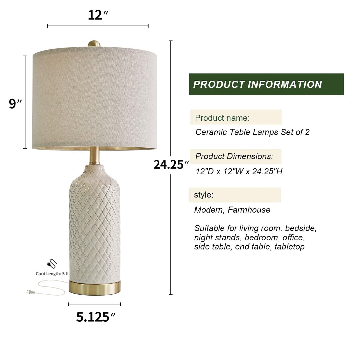 Modern Silver Ceramic Table Lamp Set of 2 Bedside Nightstand Lamps for Bedroom Living Room