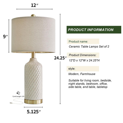 Modern Silver Ceramic Table Lamp Set of 2 Bedside Nightstand Lamps for Bedroom Living Room