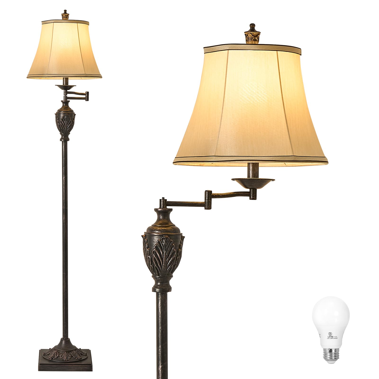 Vintage LED Floor Lamp with Adjustable Swing Arm Faux Silk Shade Rustic Standing Light for Living Room Bedroom Office