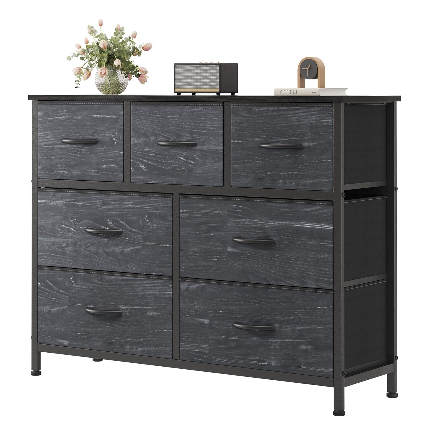 7-Drawer Fabric Dresser Storage Tower with Steel Frame and Wood Top